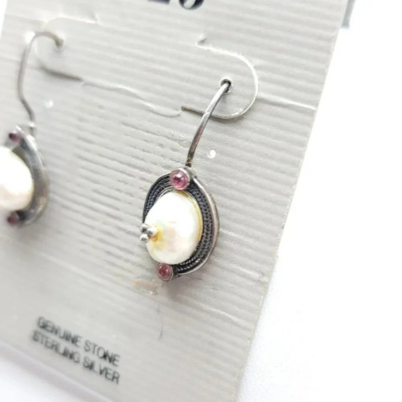 .925 Sterling Silver Pearl Garnet Dangle Vintage Earrings Please Read As Is - Picture 3 of 6